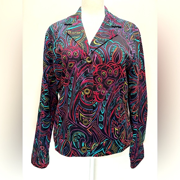 Chico’s Black Multicolor Geo Print Button Front Long Sleeve Jacket with Pockets - Picture 1 of 11